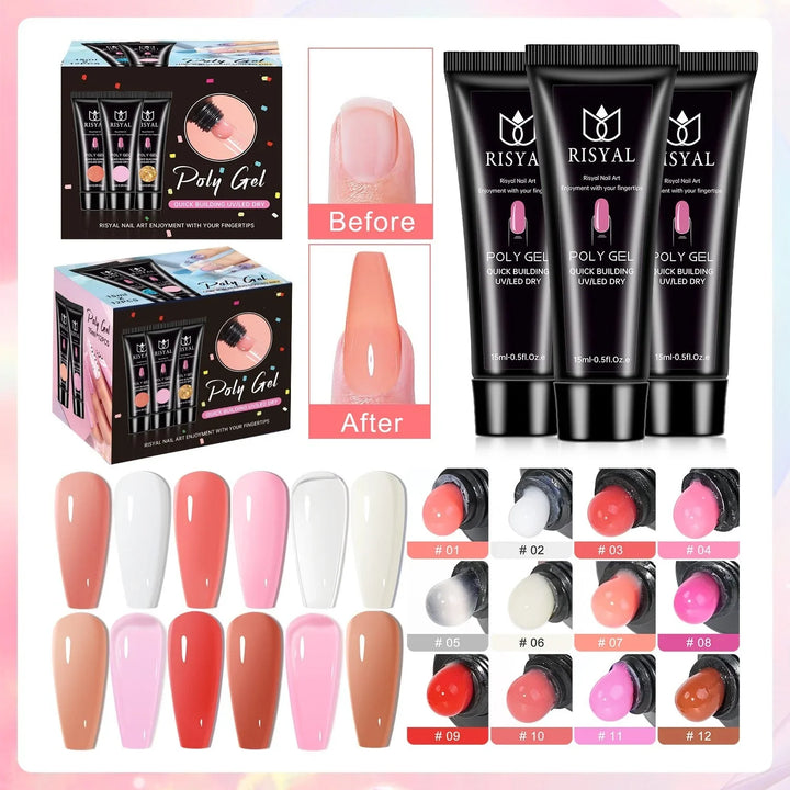 RISYAL 15ml Poly Gel Set (12 PCS Solid color series-RL22597 ) - 我的商店
